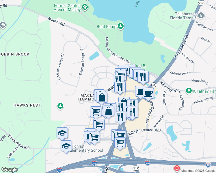 map of restaurants, bars, coffee shops, grocery stores, and more near 3606 Maclay Boulevard in Tallahassee