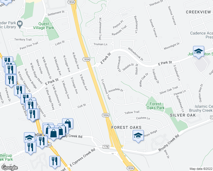 map of restaurants, bars, coffee shops, grocery stores, and more near 303 South Lynnwood Trail in Cedar Park