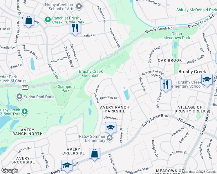 map of restaurants, bars, coffee shops, grocery stores, and more near 9813 Rias Way in Austin
