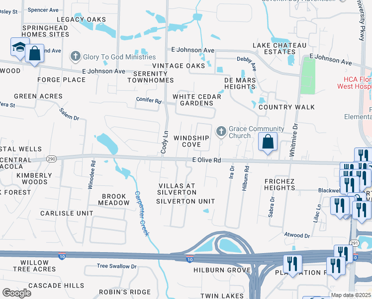 map of restaurants, bars, coffee shops, grocery stores, and more near 8115 Heirloom Drive in Pensacola