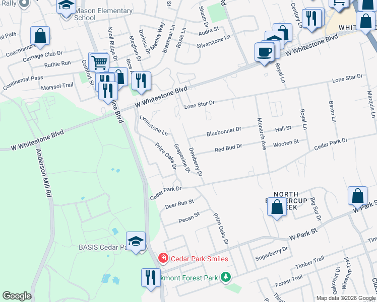 map of restaurants, bars, coffee shops, grocery stores, and more near 703 Dewberry Drive in Cedar Park