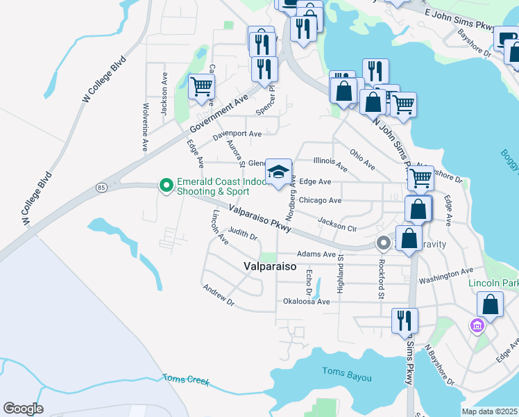 map of restaurants, bars, coffee shops, grocery stores, and more near 526 Valparaiso Parkway in Shalimar