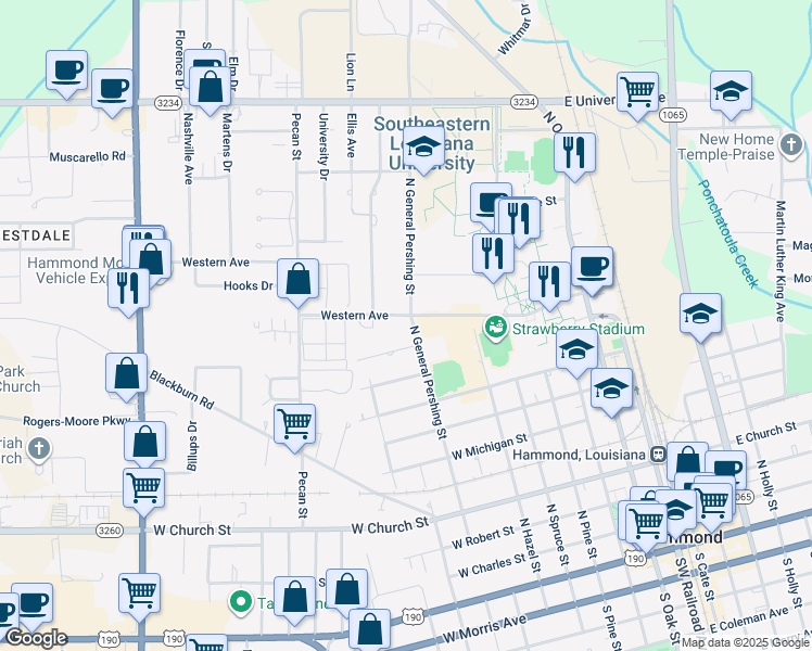 map of restaurants, bars, coffee shops, grocery stores, and more near 1011 North General Pershing Street in Hammond