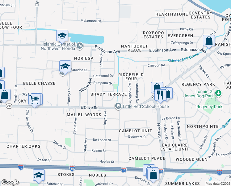 map of restaurants, bars, coffee shops, grocery stores, and more near 3712 Pompano Drive in Pensacola
