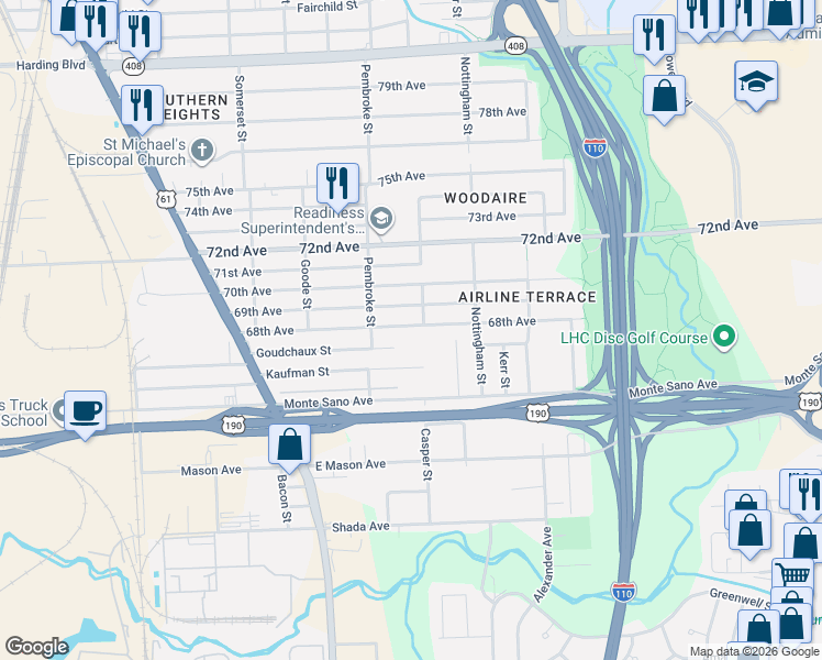 map of restaurants, bars, coffee shops, grocery stores, and more near 2438 68th Avenue in Baton Rouge