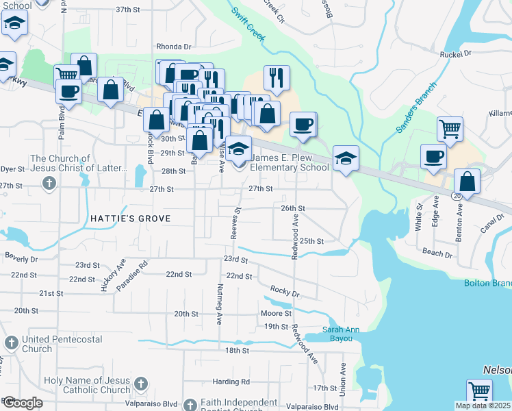 map of restaurants, bars, coffee shops, grocery stores, and more near 1605 26th Street in Niceville