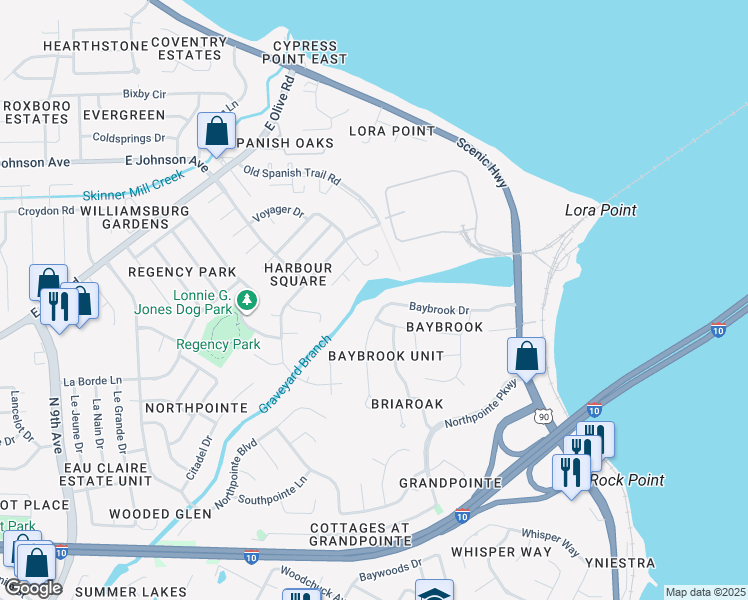 map of restaurants, bars, coffee shops, grocery stores, and more near 4557 Baybrook Dr in Pensacola