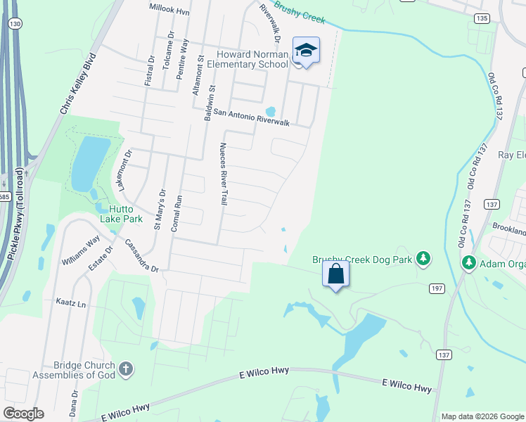map of restaurants, bars, coffee shops, grocery stores, and more near 701 Liard River Road in Hutto