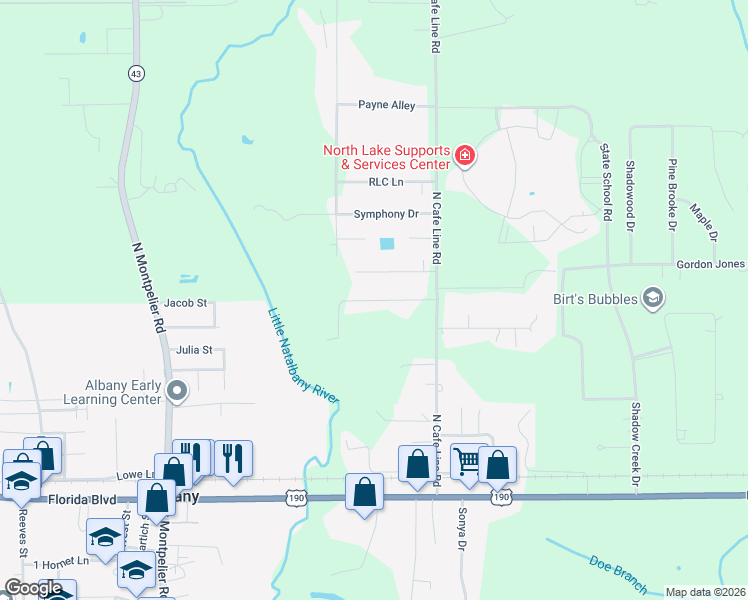 map of restaurants, bars, coffee shops, grocery stores, and more near 30520 Tamjulon Road in Albany