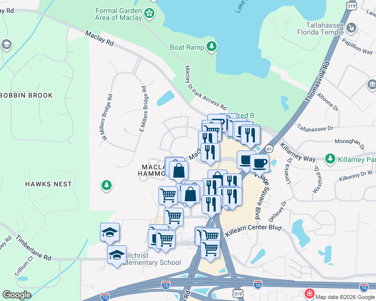 map of restaurants, bars, coffee shops, grocery stores, and more near 3606 Maclay Boulevard in Tallahassee