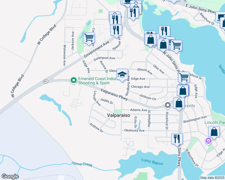 map of restaurants, bars, coffee shops, grocery stores, and more near 528 Valparaiso Parkway in Valparaiso