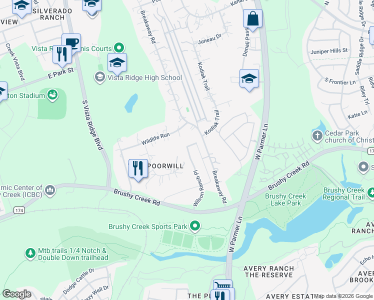 map of restaurants, bars, coffee shops, grocery stores, and more near 805 Wilson Ranch Place in Cedar Park