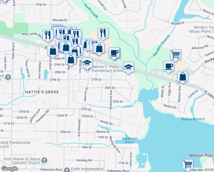 map of restaurants, bars, coffee shops, grocery stores, and more near 1627 26th Street in Niceville