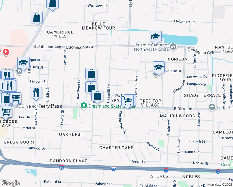 map of restaurants, bars, coffee shops, grocery stores, and more near 2958 Sky Crest Drive in Pensacola