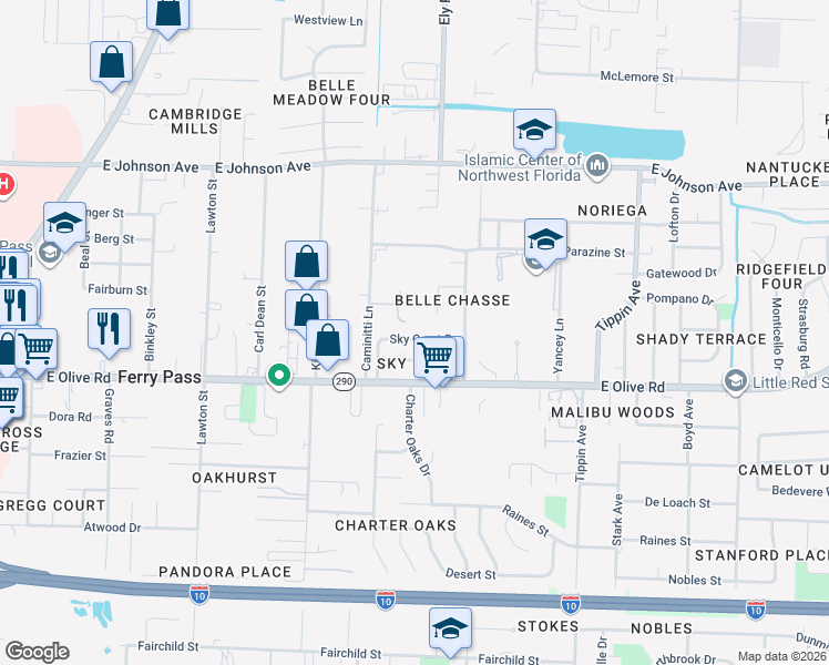map of restaurants, bars, coffee shops, grocery stores, and more near 3010 Sky Crest Drive in Pensacola