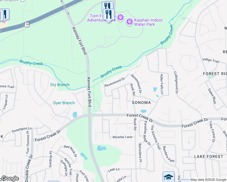 map of restaurants, bars, coffee shops, grocery stores, and more near 675 Rusk Road in Round Rock