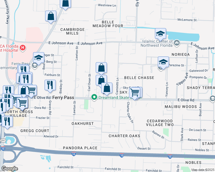map of restaurants, bars, coffee shops, grocery stores, and more near 8190 Kipling Street in Pensacola