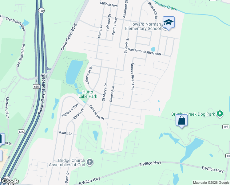 map of restaurants, bars, coffee shops, grocery stores, and more near 110 Sulphur River Loop in Hutto