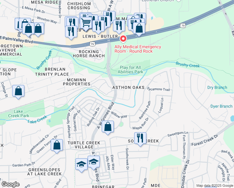 map of restaurants, bars, coffee shops, grocery stores, and more near 345 A.W. Grimes Boulevard in Round Rock