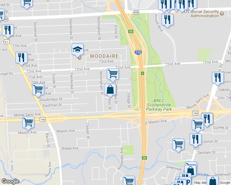 map of restaurants, bars, coffee shops, grocery stores, and more near 2890 68th Avenue in Baton Rouge