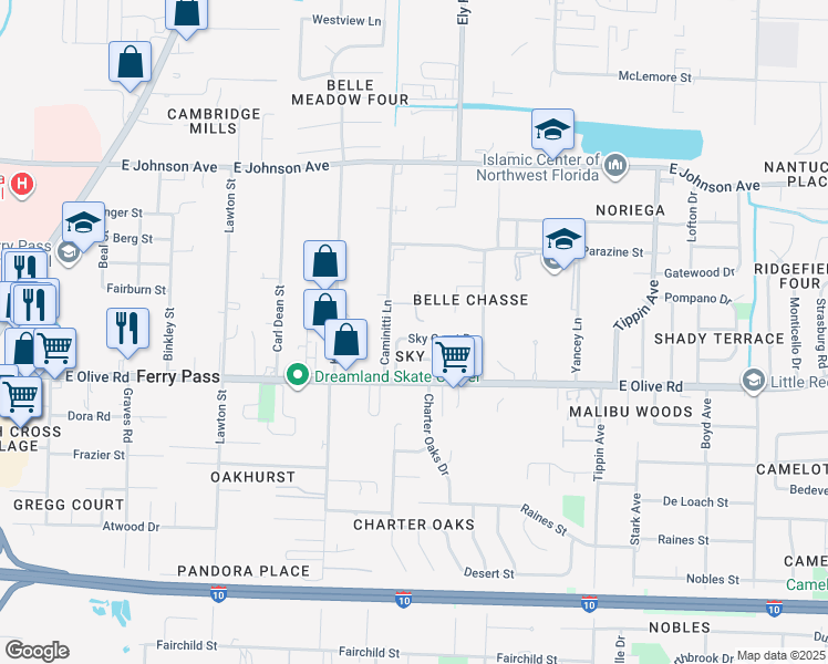 map of restaurants, bars, coffee shops, grocery stores, and more near 8153 Chapperal Drive in Pensacola