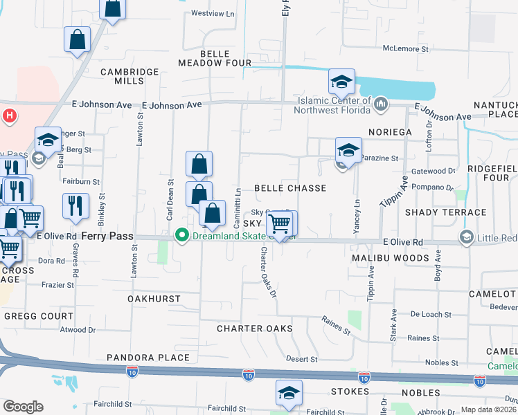 map of restaurants, bars, coffee shops, grocery stores, and more near 2972 Sky Crest Drive in Pensacola