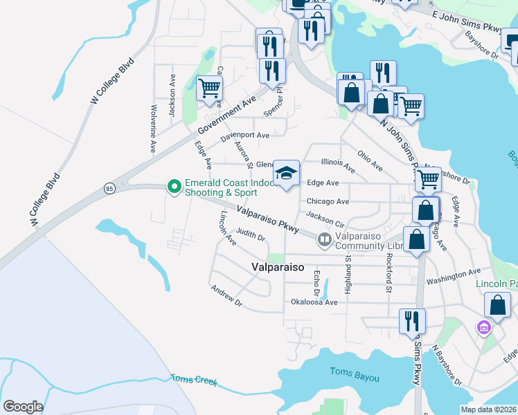 map of restaurants, bars, coffee shops, grocery stores, and more near 526 Valparaiso Parkway in Shalimar