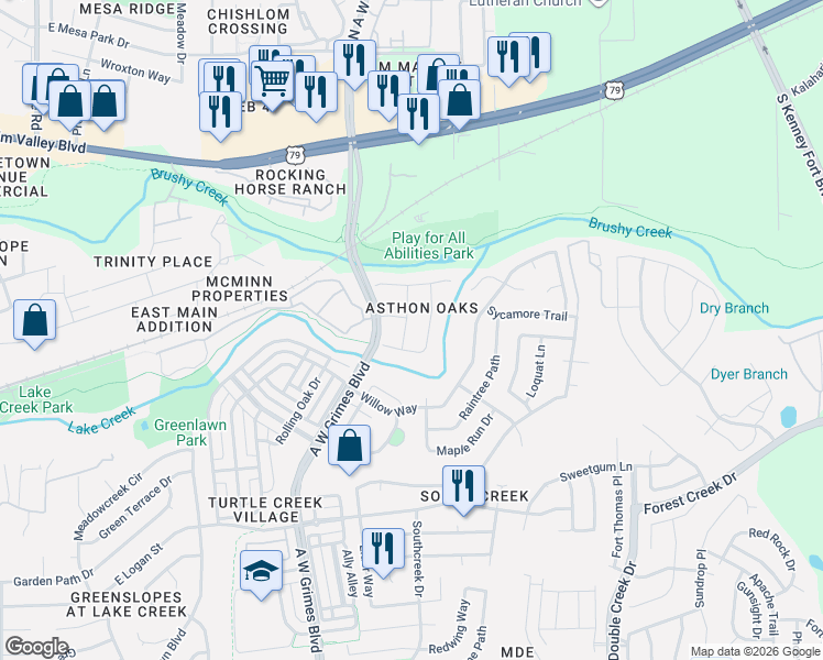 map of restaurants, bars, coffee shops, grocery stores, and more near 313 Creek Ridge Lane in Round Rock