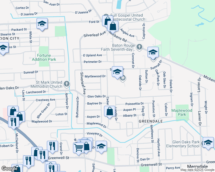 map of restaurants, bars, coffee shops, grocery stores, and more near 6650 Cedar Grove Drive in Baton Rouge