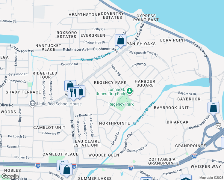 map of restaurants, bars, coffee shops, grocery stores, and more near 7905 Burstaff Road in Pensacola