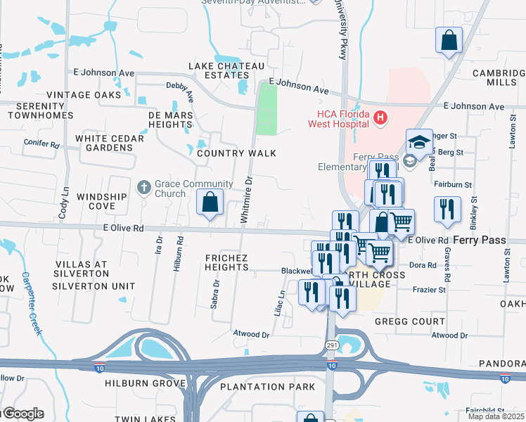 map of restaurants, bars, coffee shops, grocery stores, and more near 1718 East Olive Road in Pensacola