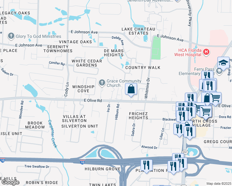 map of restaurants, bars, coffee shops, grocery stores, and more near 1306 E Olive Rd in Pensacola