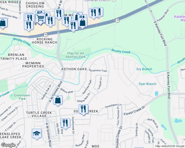 map of restaurants, bars, coffee shops, grocery stores, and more near 2409 Raintree Path in Round Rock