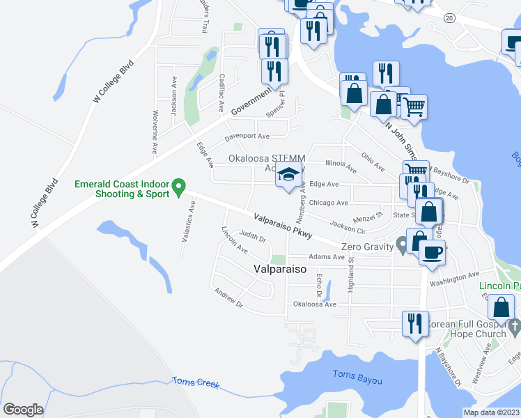 map of restaurants, bars, coffee shops, grocery stores, and more near 530 Valparaiso Parkway in Valparaiso