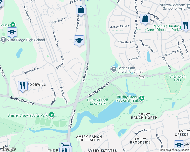map of restaurants, bars, coffee shops, grocery stores, and more near 11400 West Parmer Lane in Cedar Park