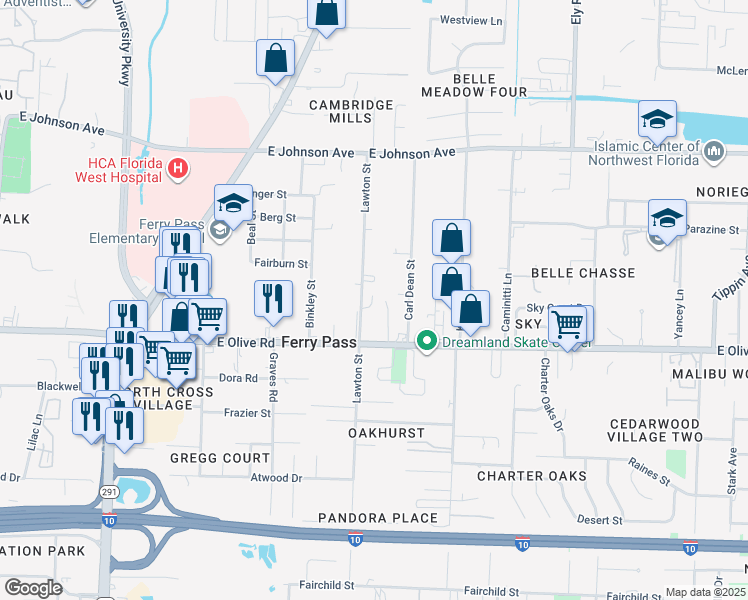 map of restaurants, bars, coffee shops, grocery stores, and more near 8154 Lawton Street in Pensacola
