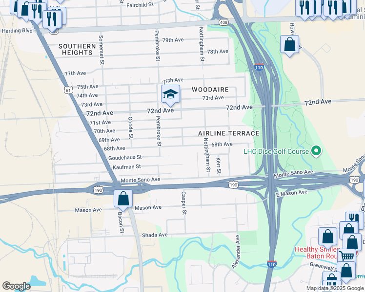 map of restaurants, bars, coffee shops, grocery stores, and more near 2498 68th Avenue in Baton Rouge