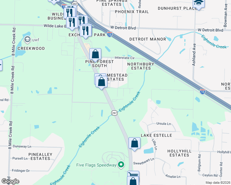 map of restaurants, bars, coffee shops, grocery stores, and more near 7820-7830 Stallworth Lane in Pensacola