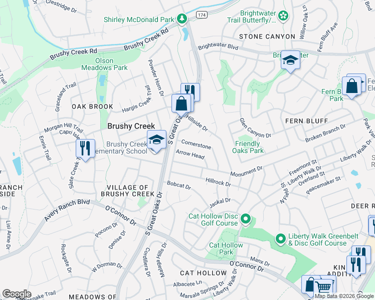 map of restaurants, bars, coffee shops, grocery stores, and more near 423 Arrow Head in Round Rock