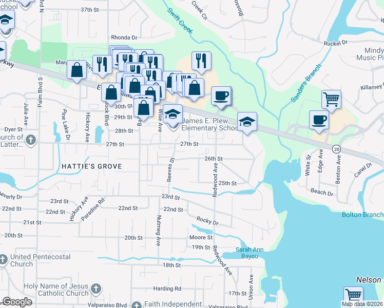 map of restaurants, bars, coffee shops, grocery stores, and more near 1605 26th Street in Niceville