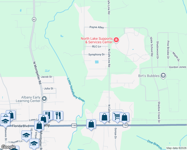 map of restaurants, bars, coffee shops, grocery stores, and more near 30520 Tamjulon Road in Albany