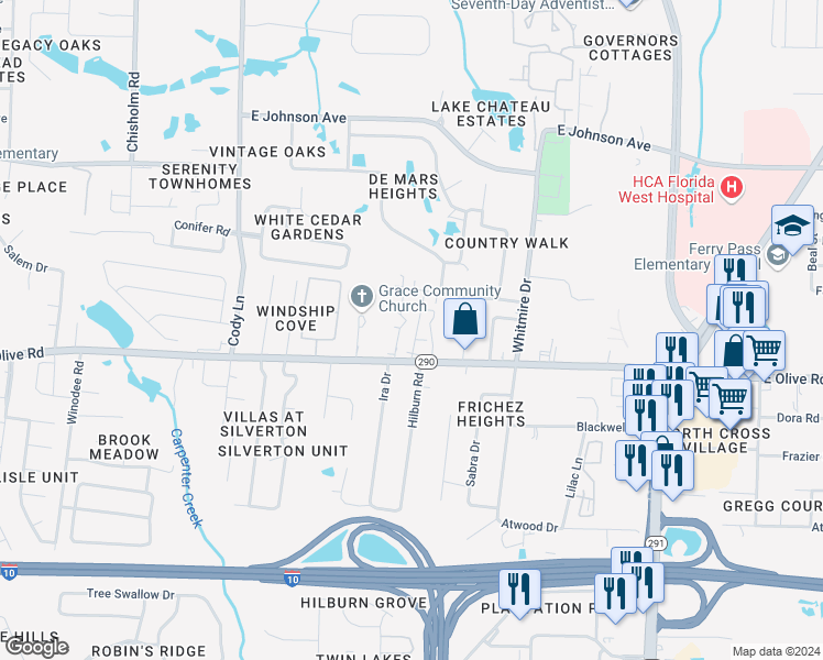 map of restaurants, bars, coffee shops, grocery stores, and more near 1306 East Olive Road in Pensacola