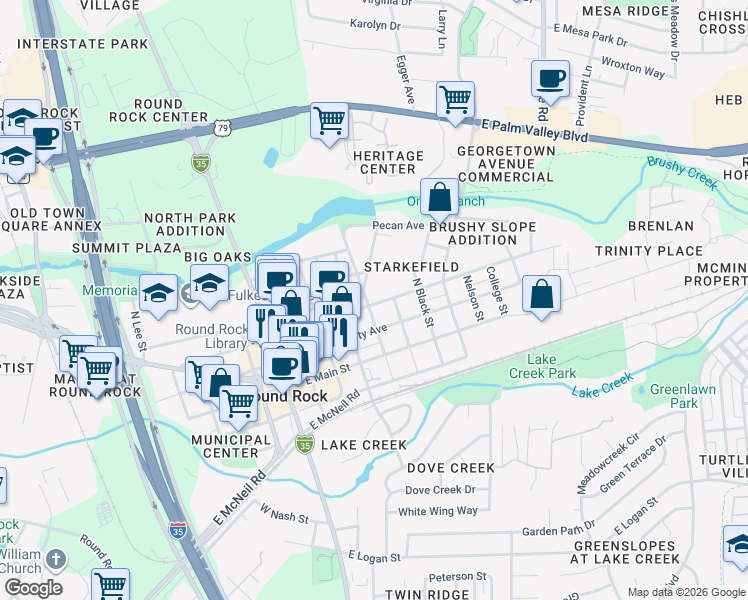 map of restaurants, bars, coffee shops, grocery stores, and more near 413 East Austin Avenue in Round Rock