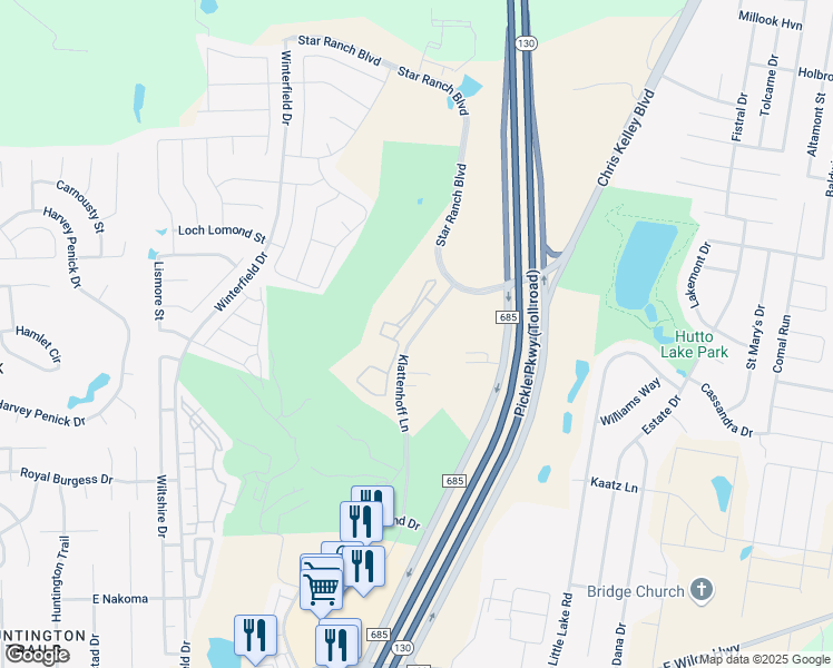 map of restaurants, bars, coffee shops, grocery stores, and more near Klattenhoff Lane in Hutto
