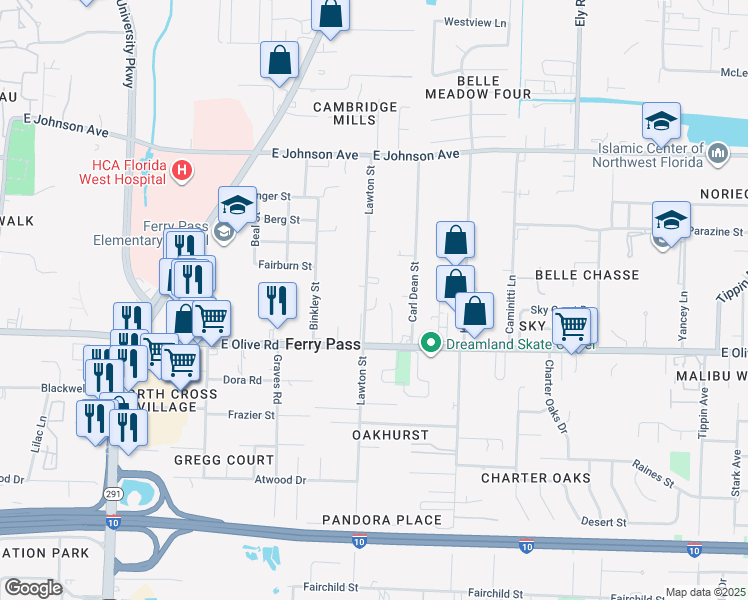 map of restaurants, bars, coffee shops, grocery stores, and more near 8154 Lawton Street in Pensacola