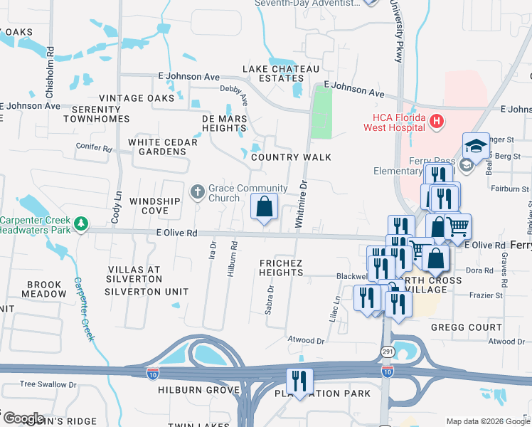 map of restaurants, bars, coffee shops, grocery stores, and more near 1410 East Olive Road in Pensacola
