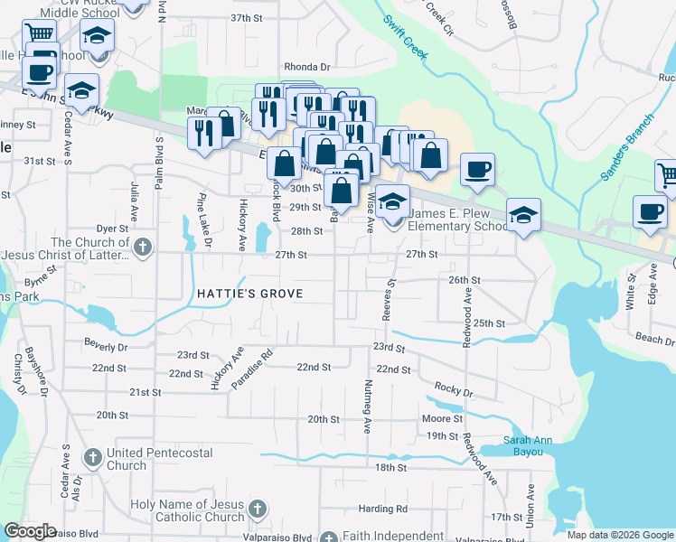 map of restaurants, bars, coffee shops, grocery stores, and more near 1105 Bailey Drive in Niceville