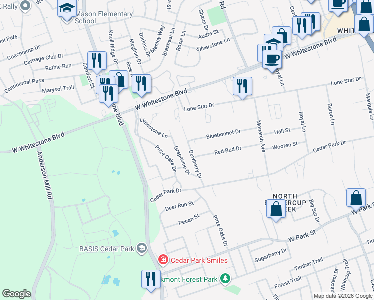 map of restaurants, bars, coffee shops, grocery stores, and more near 703 Dewberry Drive in Cedar Park