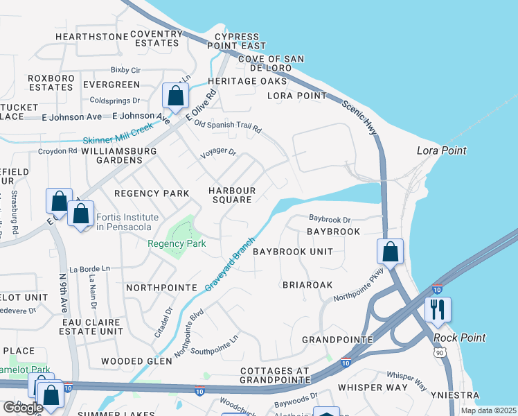 map of restaurants, bars, coffee shops, grocery stores, and more near 5087 Yacht Harbor Circle in Pensacola
