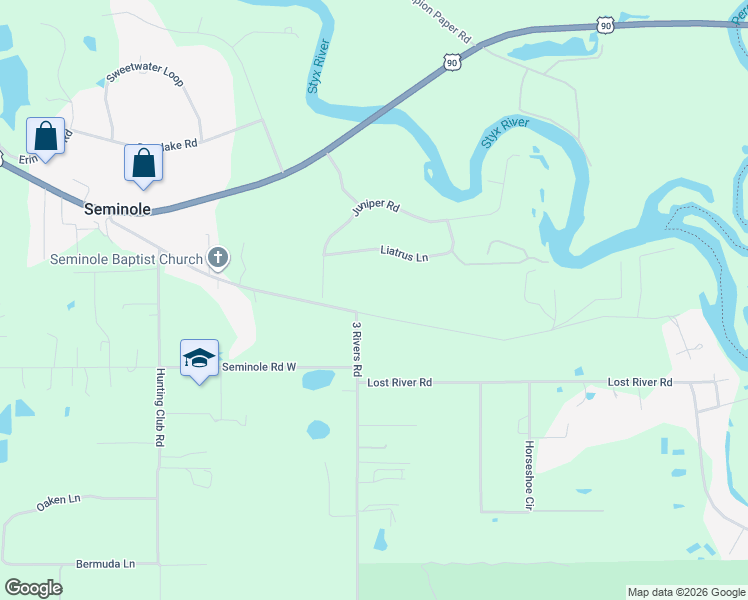 map of restaurants, bars, coffee shops, grocery stores, and more near 33041 Browns Landing Road Exd in Seminole